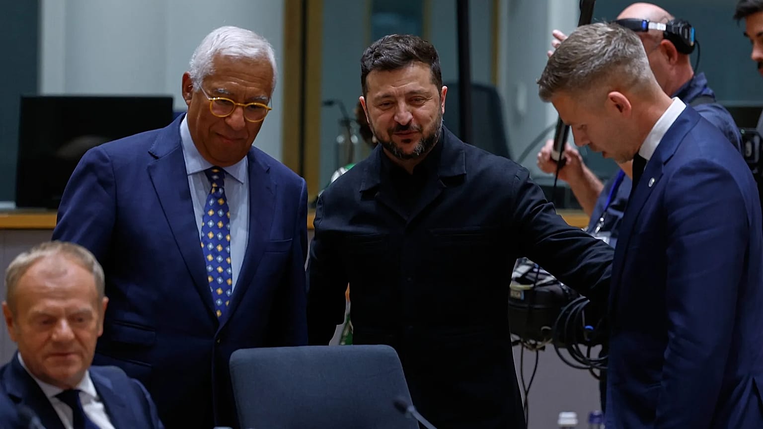 Ukraine's President Volodymyr Zelenskyy, second right, greets Hungary's Prime Minister Peter Magyar, right, next to European Council President Antonio Costa during a round tab