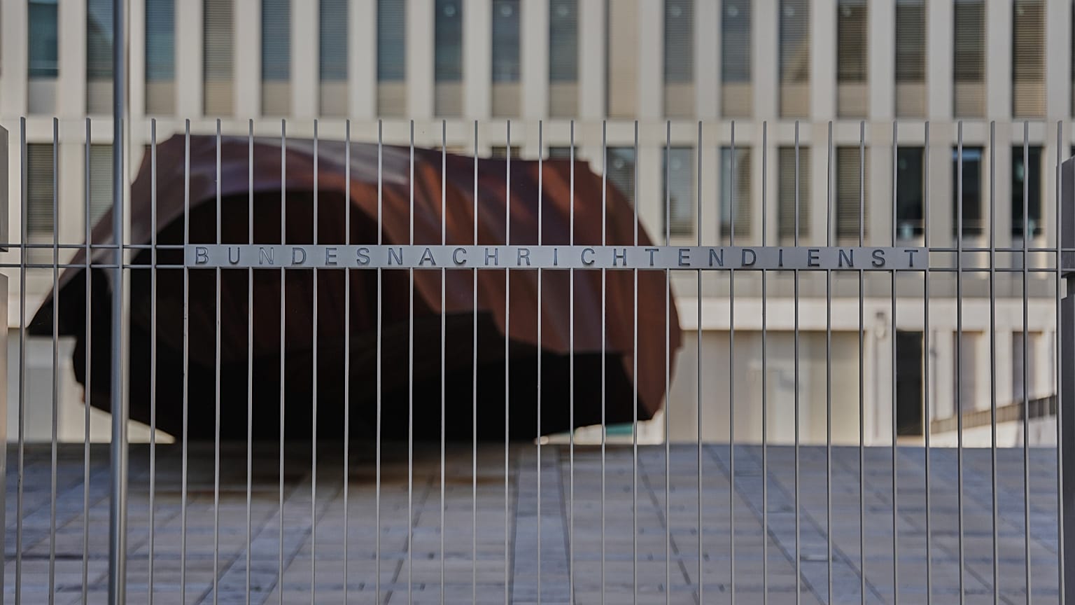 A gate at the headquarters of Germany's foreign intelligence service Bundes Nachrichten Dienst, known as BND, is photographed in Berlin, 7 October 2026