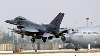 31st Fighter Wing United State Air Force F-16 jet fighter lands at the Aviano NATO airbase, in Aviano, Italy, Friday, March 25, 2011