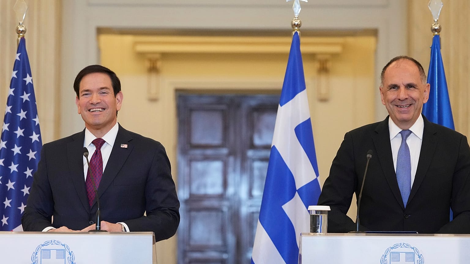 U.S. Secretary of State Marco Rubio, left, and Greek Foreign Minister George Gerapetritis react during a joint press conference at the Ministry of Foreign Affairs