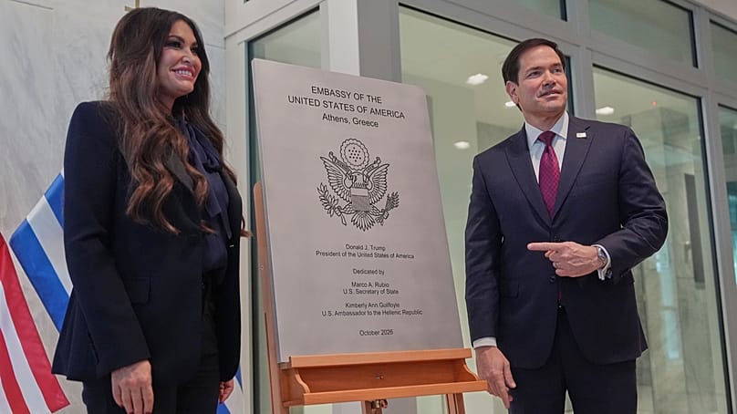 U.S. Secretary of State Marco Rubio right, and U.S. Ambassador to Greece Kimberly Guilfoyle