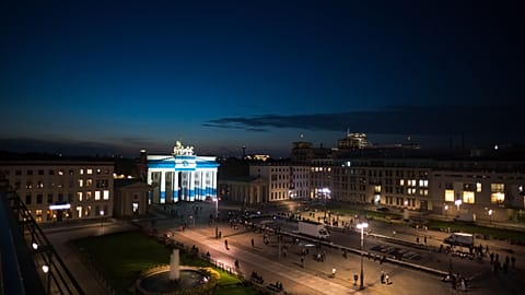 Brandenburg Gate lit in Israeli colours for October 7 anniversary, Berlin, Germany, Oct. 7, 2026.
