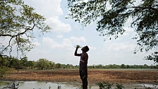 Am Sonntag, dem 13. September 2026, trinkt Indika Nuwankumara in Medirigiriya in Sri Lanka Wasser, während er einen ausgetrockneten Bewässerungstank absucht.