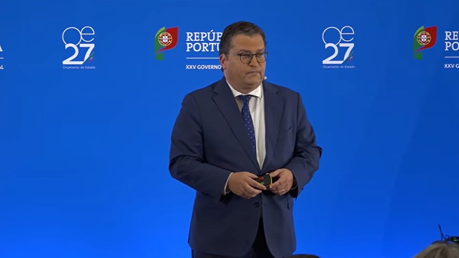 Portuguese Finance Minister Joaquim Miranda Sarmento during the presentation of the 2027 state budget (OE2027)