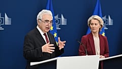 European Commission President Ursula von der Leyen, right, and Fatih Birol, Executive Director of the International Energy Agency, address a media conference, December 2025.
