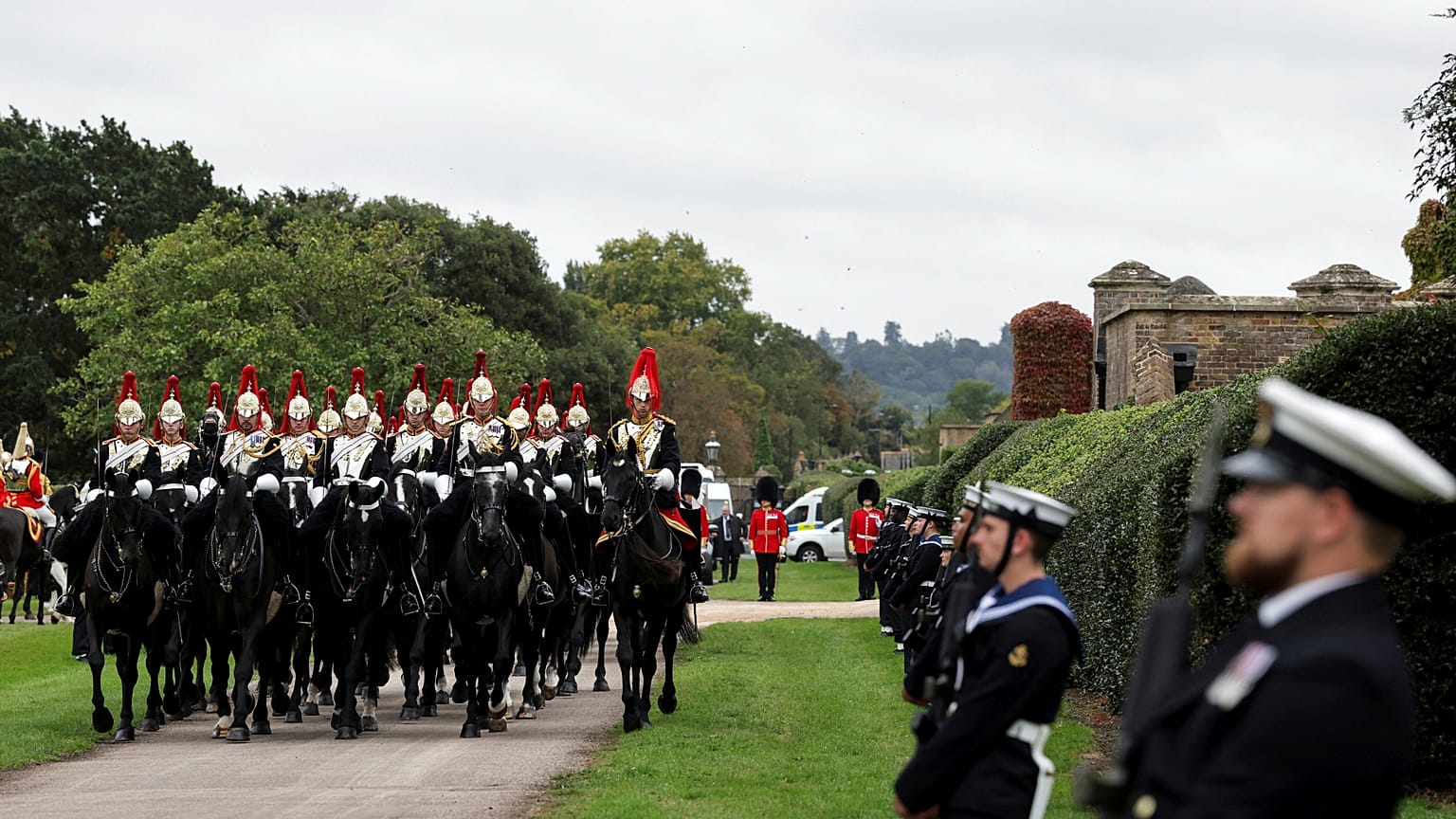 Royal Navy guards line the route at Windsor Castle during Donald Trump's state visit to the UK on 17 September 2025.