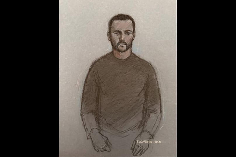 Court artist sketch by Elizabeth Cook of Royal Navy sailor Teddy Young appearing at Westminster Magistrates' Court in London, Thursday 8 Oct., 2026. 