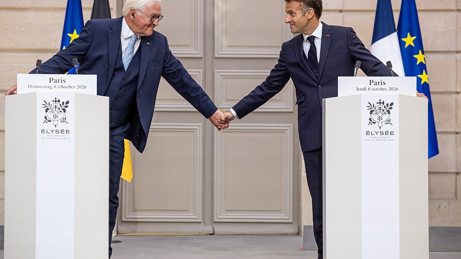 Le président français Emmanuel Macron et son homologue allemand Frank-Walter Steinmeier à l'Élysée, à Paris, ce jeudi 8 octobre 2026.