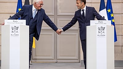 Le président français Emmanuel Macron et son homologue allemand Frank-Walter Steinmeier à l'Élysée, à Paris, ce jeudi 8 octobre 2026.