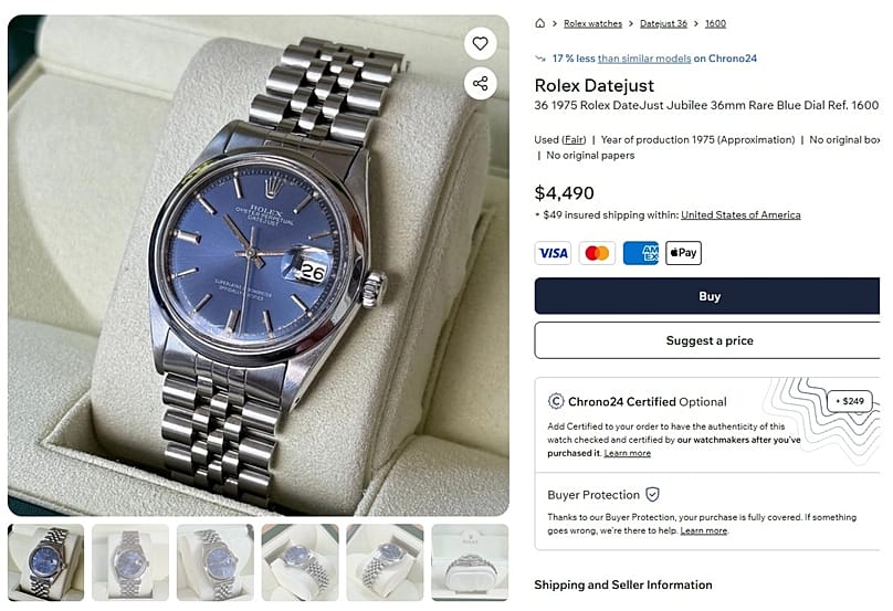 A Datejust a Rolex legnagyobb bevételt hozó kollekciója a Chrono24-en, és a gyűjtők többsége itt kezdi. Itt: 3848 euróért.