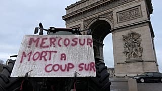 A sign displayed in front of the Arc de Triomphe in Paris read: “MERCOSUR: Guaranteed death.”