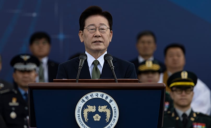 South Korean President Lee Jae Myung delivers a speech during the Armed Forces Day at a military base in Gyeyong, South Korea, Thursday, Oct. 1, 2026