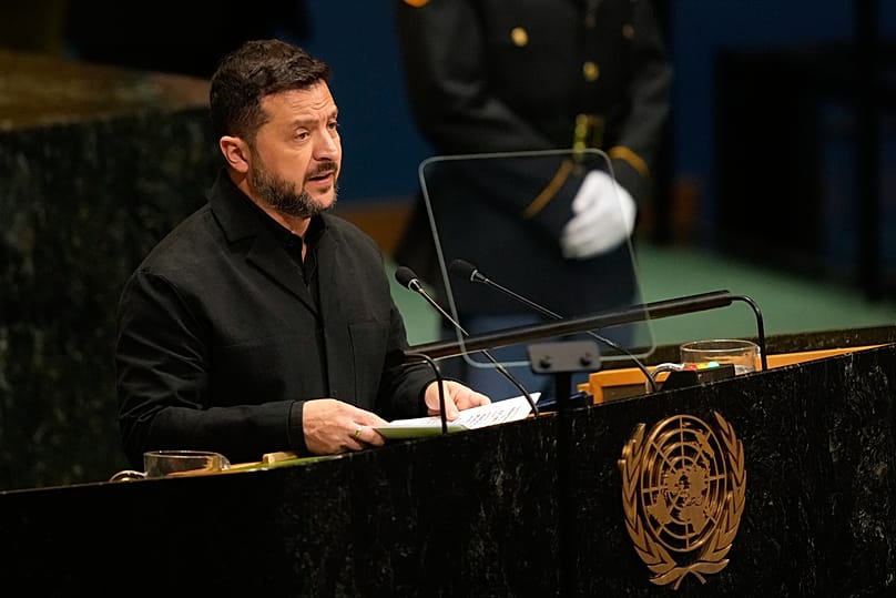 Ukraine's President Volodymyr Zelenskyy speaks during the 81st session of the United Nations General Assembly at United Nations headquarters, on Sept. 23, 2026
