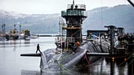Vanguard-class submarine HMS Vigilant, one of four Royal Navy submarines armed with Trident missiles at HM Naval Base Clyde, also known as Faslane, Scotland on 20 January 2016