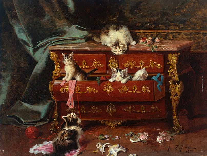 Jules Le Roy, Chats dans une commode, 1900, Öl auf Holz.