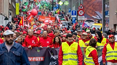 Demonstrators take part in a national protest organized by Belgian trade unions against the government’s proposed budget measures in Brussels, Belgium, Friday, 9 October 2026.