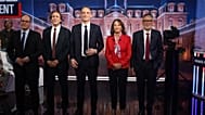 Les candidats à la primaire de gauche, de gauche à droite : E. Morel, J. Guedj, R. Glucksmann, S. Royal et O. Faure — avant un débat sur BFM TV, à Paris, le 4 octobre 2026.