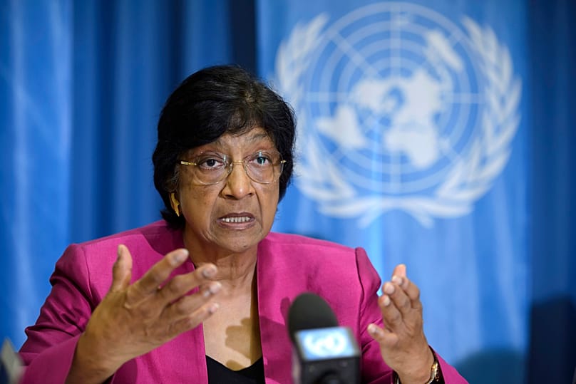Navi Pillay answers journalist's questions during a press conference at the Geneva Press Club, in Geneva, Switzerland, July 31, 2014.