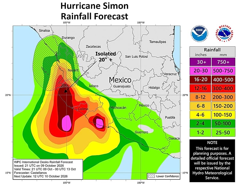 Lluvias previstas por el huracán Simón, previsión del 10 de octubre de 2026