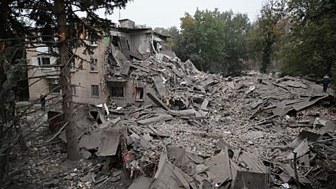 A residential building is seen destroyed after a Russian airstrike in Zaporizhzhia, Ukraine, Saturday, Oct. 10, 2026.