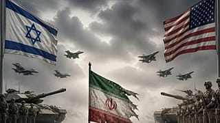 صورة تعبيرية عن التوترات العسكرية بين الولايات المتحدة وإسرائيل وإيران، مولّدة بالذكاء الاصطناعي باستخدام "كانفا".