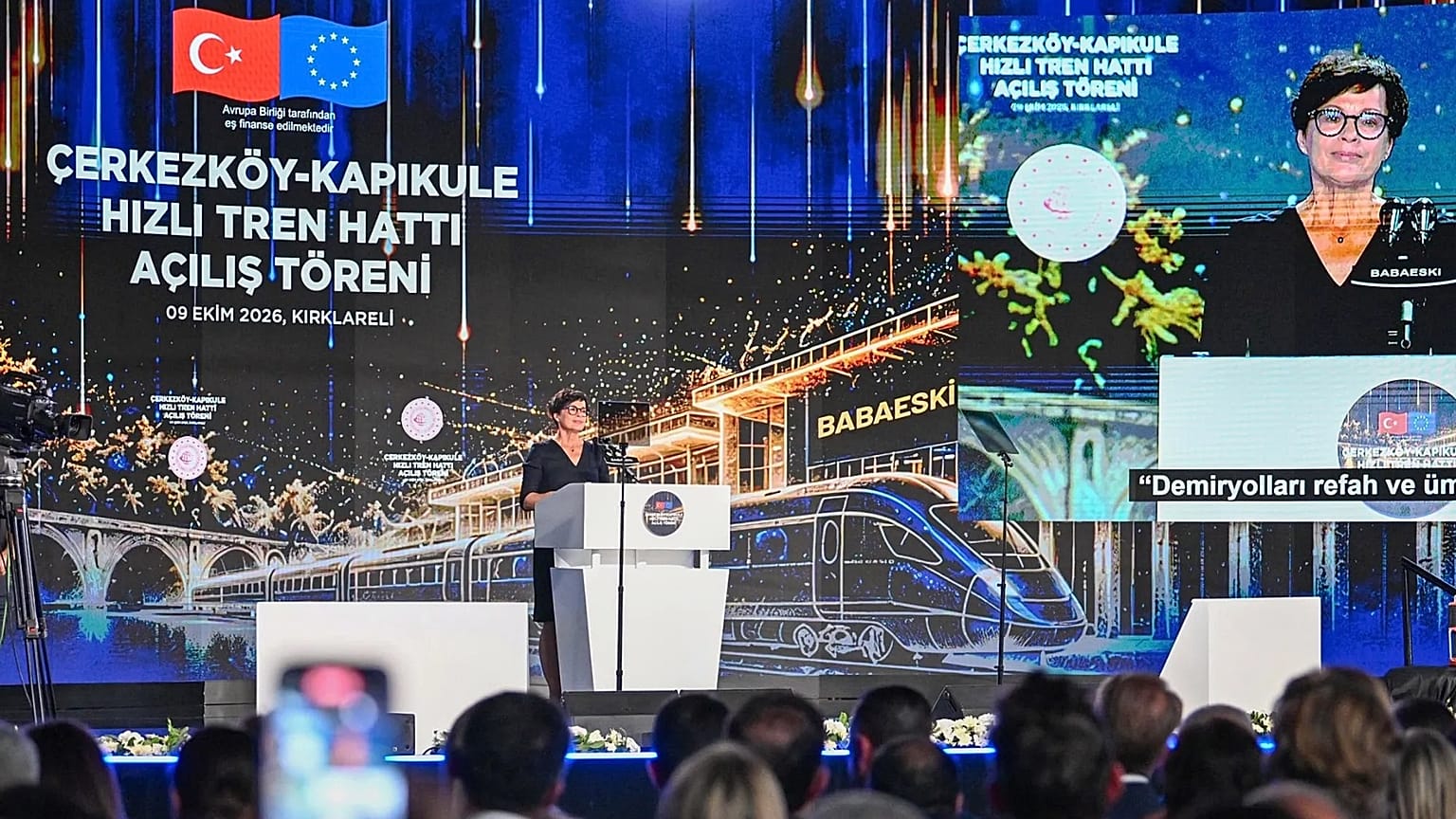 AB Genişlemeden Sorumlu Komiseri Marta Kos, Çerkezköy–Kapıkule hızlı tren hattının açılışı için Edirne’de, 9 Ekim 2026.