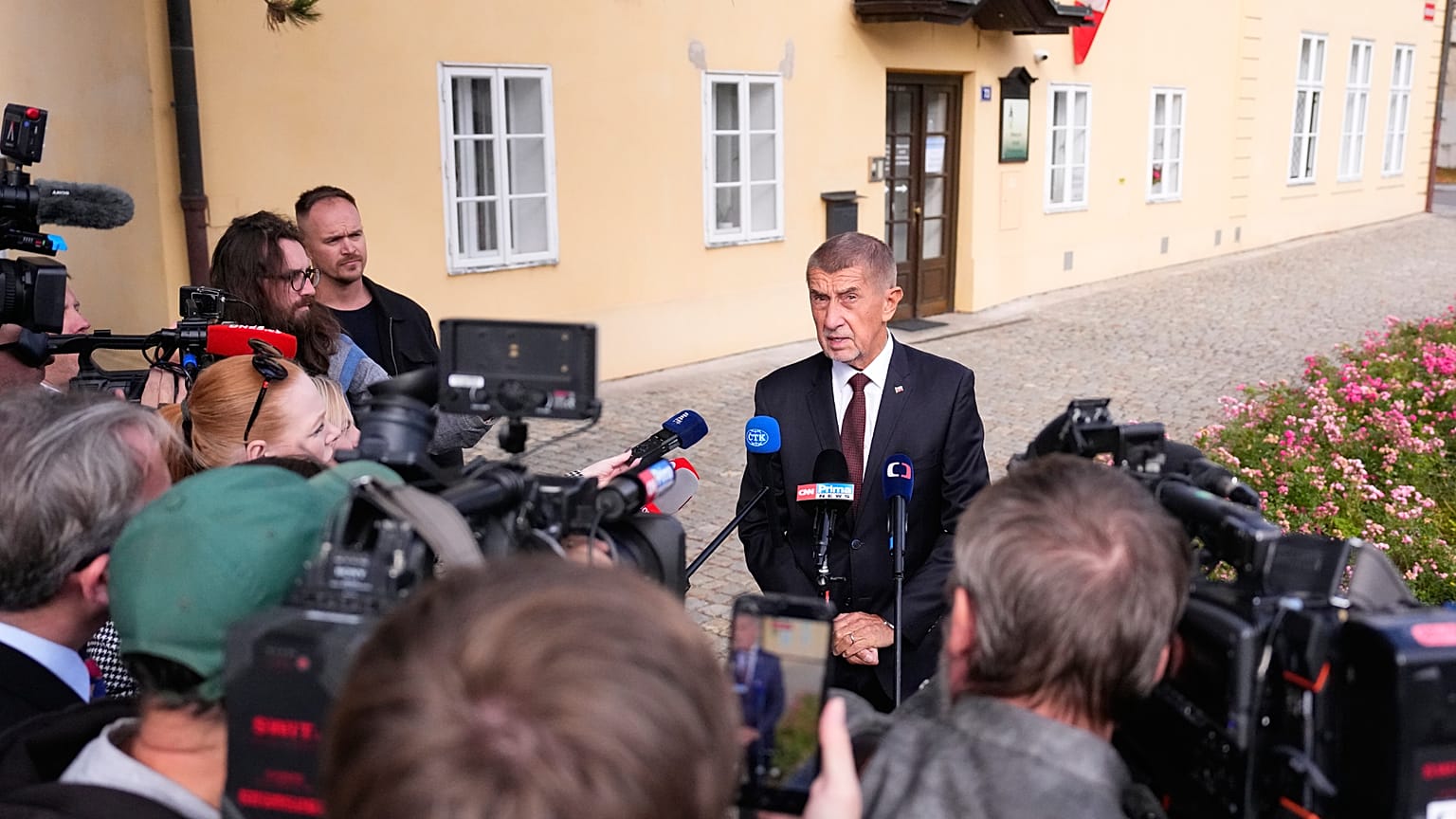 Czech Republic's Prime Minister Andrej Babis talks to media after casting his vote during senate and local elections in Pruhonice, Czech Republic, Friday, Oct. 9, 2026.