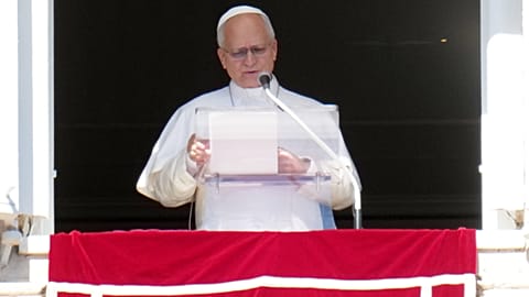 Pope Leo XIV delivers the Angelus prayer in St. Peter's Square at the Vatican, Sunday, Oct. 11, 2026.