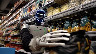 روبوت بشري من شركة "Hive Robots" يرص البضائع على الرفوف في متجر البقالة "فوتكس" في الدنمارك