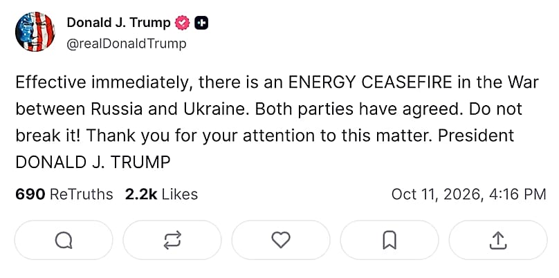 Donald Trumps Beitrag auf Truth Social zur Verkündung der Waffenruhe.