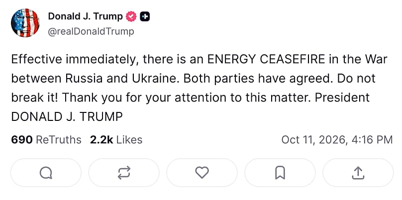 Il post di Donald Trump su Truth Social per l'annuncio del cessate il fucoo
