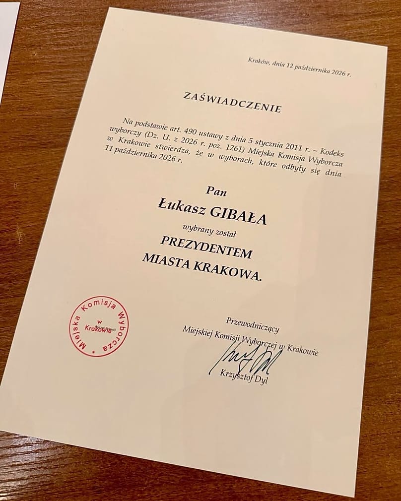 Zaświadczenie o wybraniu Łukasza Gibały na Prezydenta Miasta Krakowa