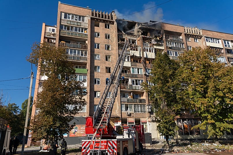 A residential building burns following a Russian air attack in Kharkiv, 12 October, 2026