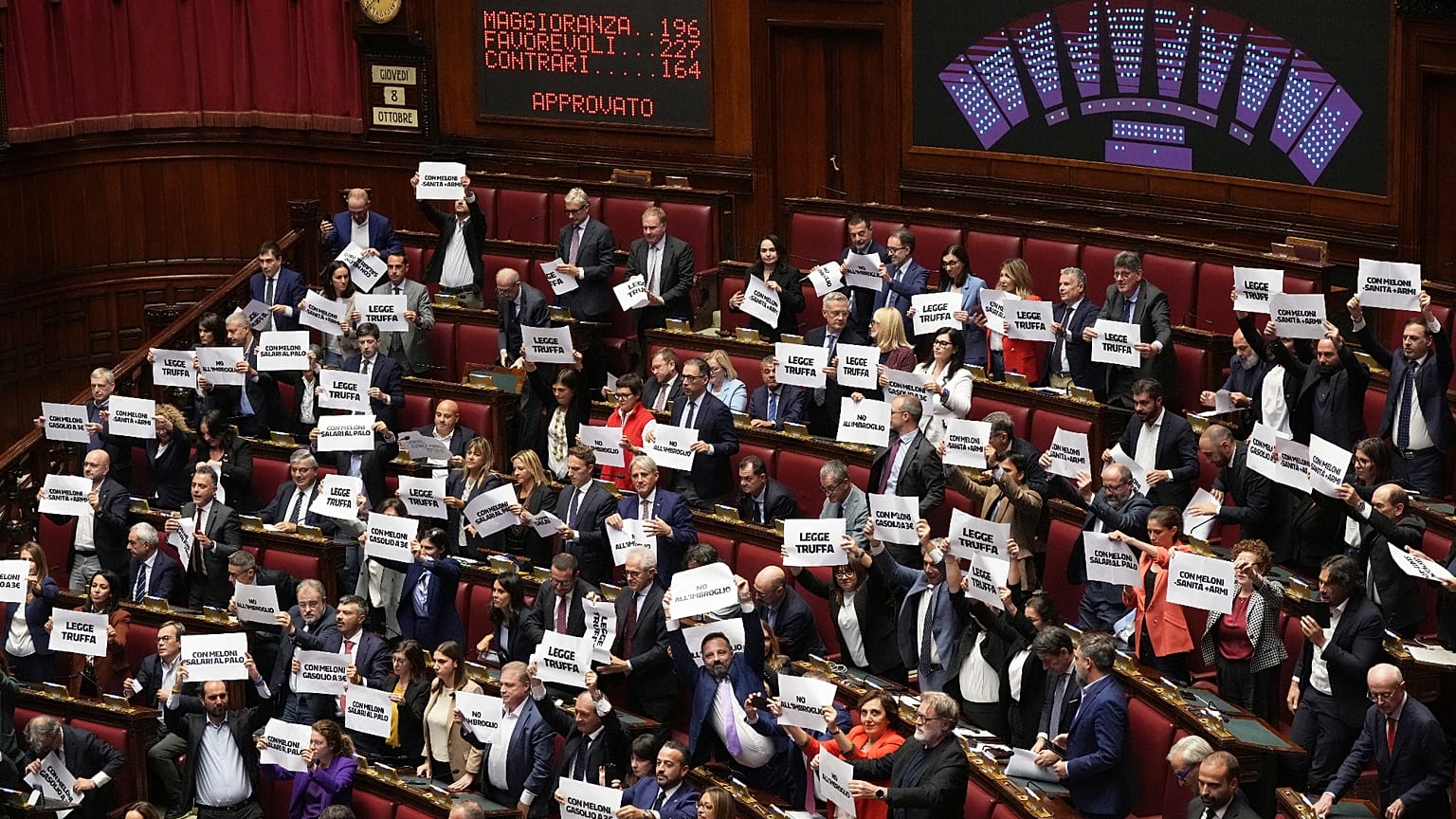 Lawmakers protest as a display shows the results of a vote of the final vote on the electoral law bill at Chamber of Deputies in Rome, Thursday, Oct. 8, 2026