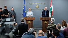 European Union foreign policy chief Kaja Kallas, center left, speaks during a joint news conference with Lebanese Foreign Minister Youssef Rajji, center right, in Beirut.