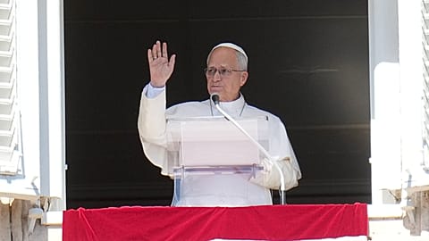 Pope Leo XIV delivers the Angelus prayer in St. Peter's Square at the Vatican, Sunday, Oct. 11, 2026.