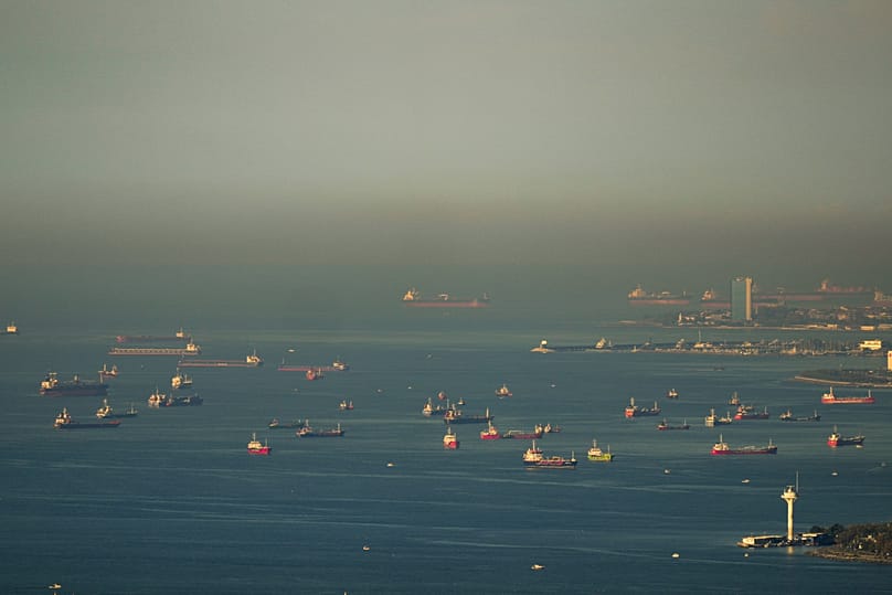 Oil tankers and cargo ships are anchored at the Sea of Marmara waiting for transit the Bosporus into the Black sea in Istanbul, 7 October, 2026