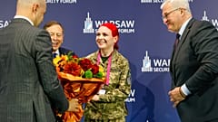Minister spraw zagranicznych Ukrainy Andrij Sybiha oraz Kateryna "Ptashka" Polishchuk na Warsaw Security Forum. 13.19.2026 r. 