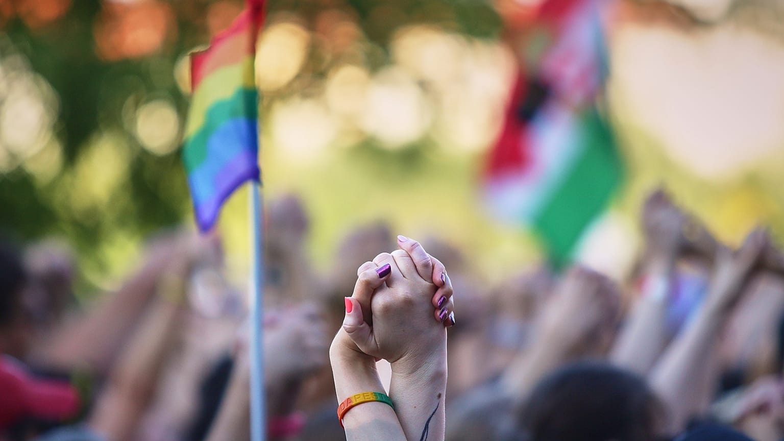 People hold hands during the Pride march in Budapest, 28 June, 2025