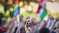 People hold hands during the Pride march in Budapest, 28 June, 2025