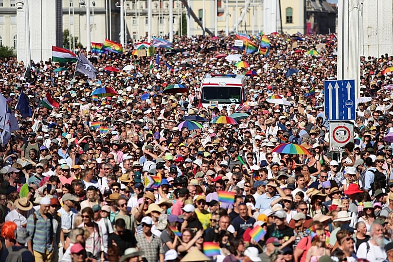 Participants in the Pride march cross the Elisabeth Bridge in Budapest, 28 June, 2025