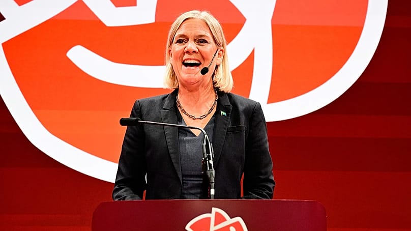 Magdalena Andersson gibt am 13. September 2026 in Stockholm eine Pressekonferenz