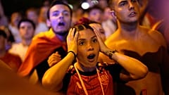 Spanish fans react as they watch the World Cup football final between Spain and Argentina in Madrid, on 19 July 2026.