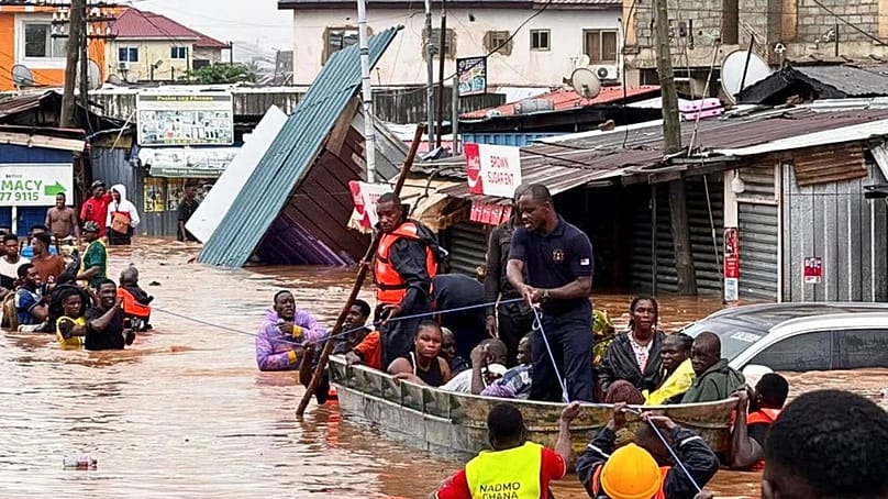 In this photo released by Ghana's National Disaster Management Organisation, flooded neighbourhoods are seen in Accra, Ghana, Monday, June 29, 2026. 