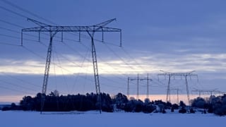 Power lines in winter landscape in the countryside north of Stockholm, Sweden, on Feb. 10, 2021. 