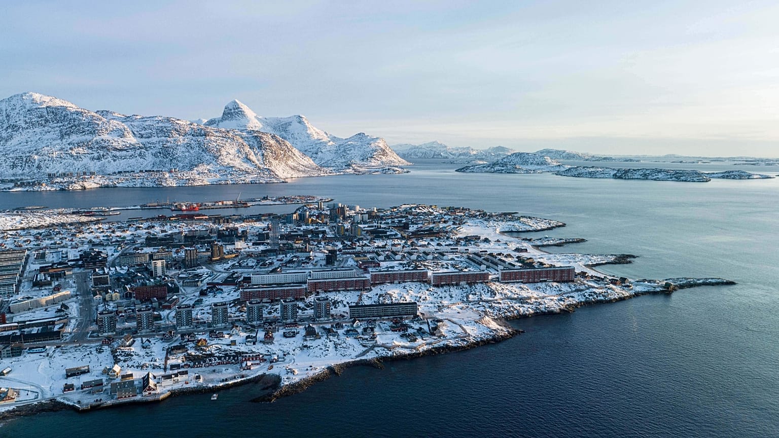 Houses near the coast of a sea inlet of Nuuk, 25 January, 2026