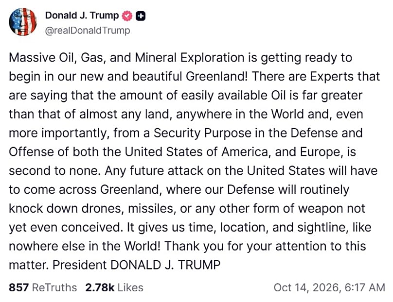 A screenshot of a post on US President Donald Trump's Truth Social account, 14 October, 2026