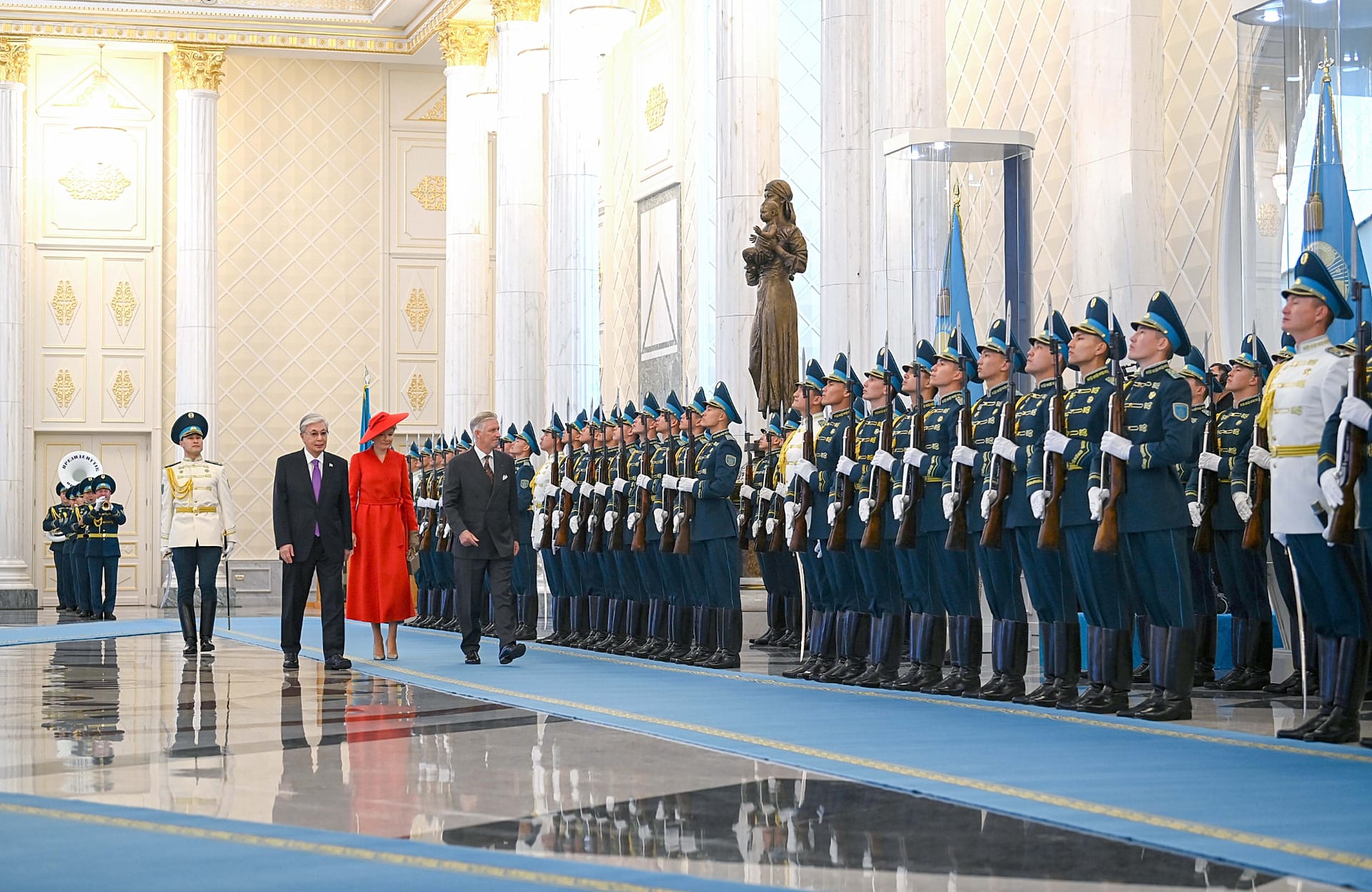 Kazakh President Kassym-Jomart Tokayev welcomes Their Majesties King Philippe and Queen Mathilde of Belgium during their state visit to Kazakhstan.
