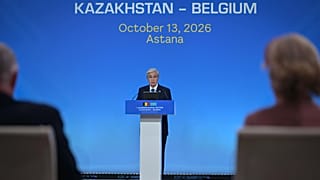 Kazakh President Kassym-Jomart Tokayev speaks at the Belgium-Kazakhstan Business Council in Astana.