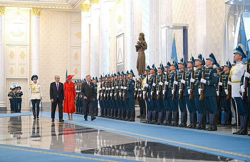 Kazakh President Kassym-Jomart Tokayev welcomes Their Majesties King Philippe and Queen Mathilde of Belgium during their state visit to Kazakhstan.